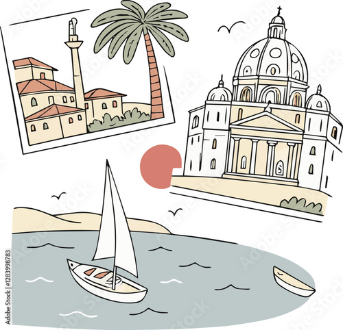 Summer vacation doodle style illustration set. Vector ink hand drawn Italian coast sea or beach print elements. Sea vacation collection for invitation to beach party, picnic, wedding or save the date