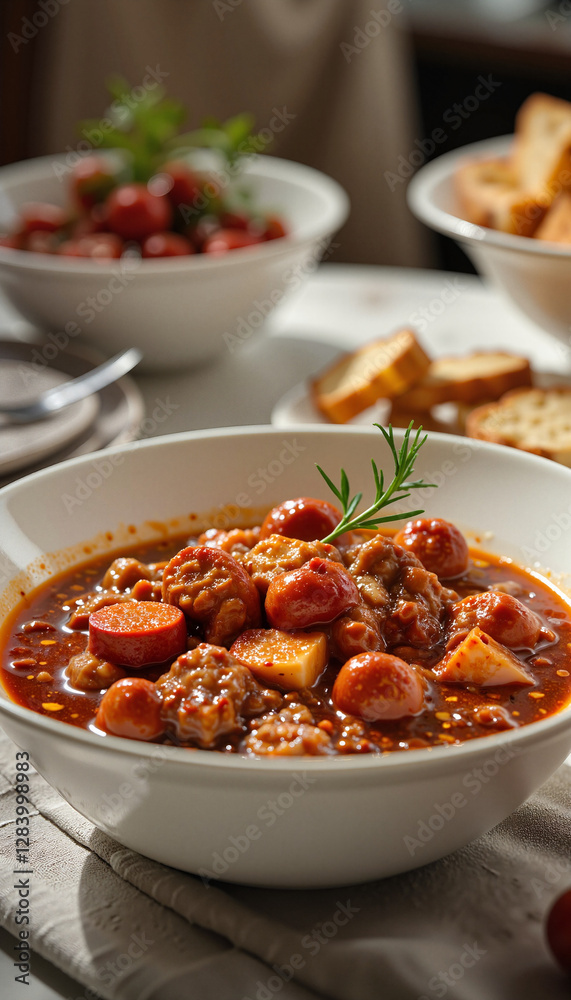Vibrant chorizo stew in minimalistic bowl, cozy dining atmosphere Vibrant chorizo stew in minimalistic bowl, cozy dining atmosphere