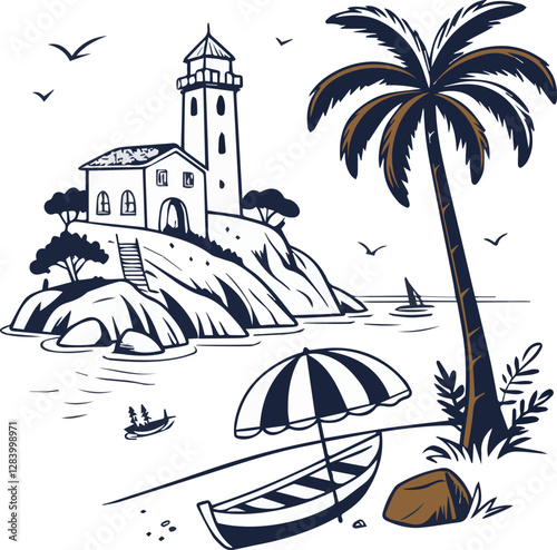 Summer vacation doodle style illustration set. Vector ink hand drawn Italian coast sea or beach print elements. Sea vacation collection for invitation to beach party, picnic, wedding or save the date