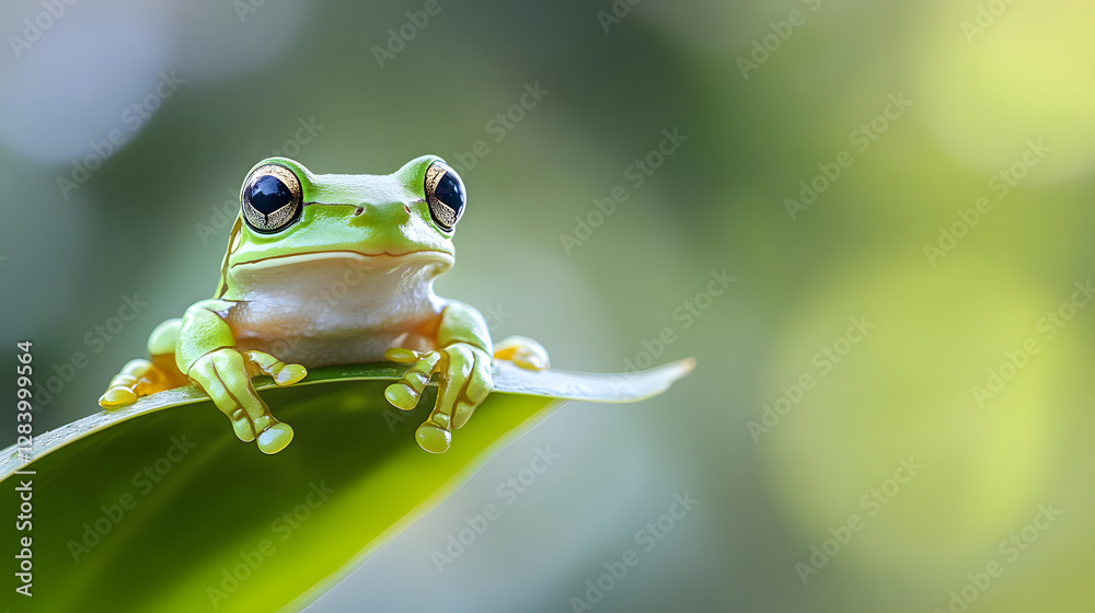 Photograph of a green tree frog sitting on a leaf
Photograph of a green tree frog sitting on a leaf