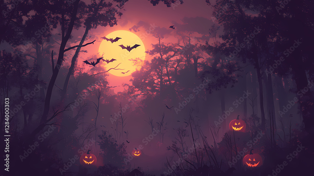 Spooky halloween scene with glowing jack-o'-lanterns, bats, and a full moon illuminating a dark forest. Flickering Phantoms in the Mist. Illustration Spooky halloween scene with glowing jack-o'-lanterns, bats, and a full moon illuminating a dark forest. Flickering Phantoms in the Mist. Illustration