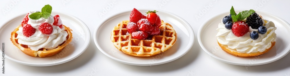 Delicious Waffles with Cream and Berries on White Background Delicious Waffles with Cream and Berries on White Background