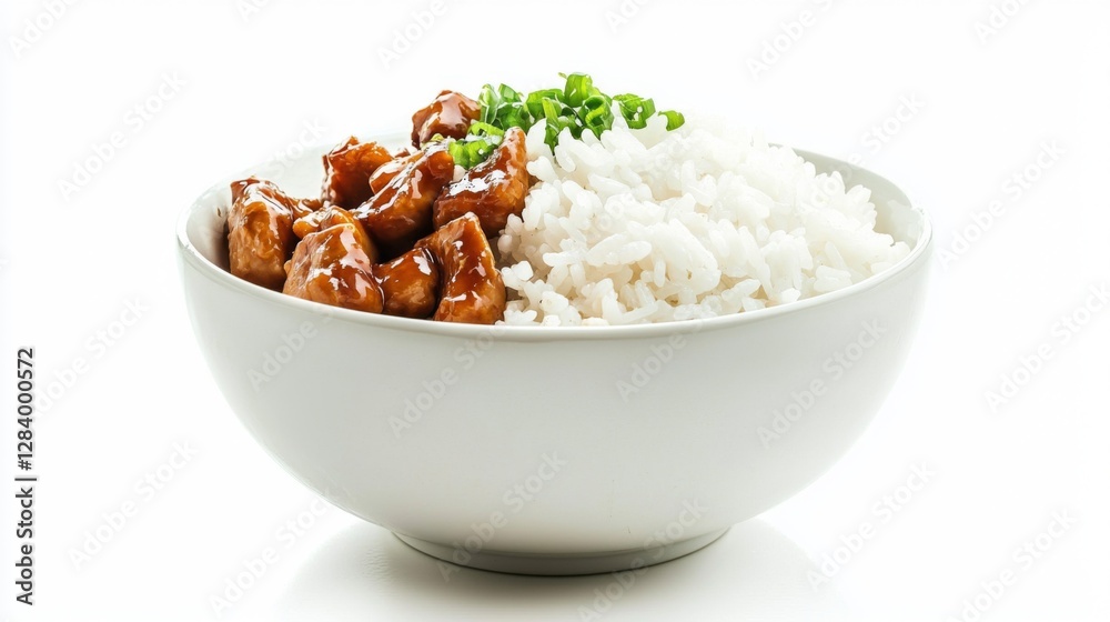 Steamed rice and teriyaki chicken cubes, isolated in a plain white setting. --chaos 20 --ar 16:9 --quality 2 --v 6.1 Job ID: 5cdb317a-07ac-4fbb-8c63-5b517fe44a90 Steamed rice and teriyaki chicken cubes, isolated in a plain white setting. --chaos 20 --ar 16:9 --quality 2 --v 6.1 Job ID: 5cdb317a-07ac-4fbb-8c63-5b517fe44a90