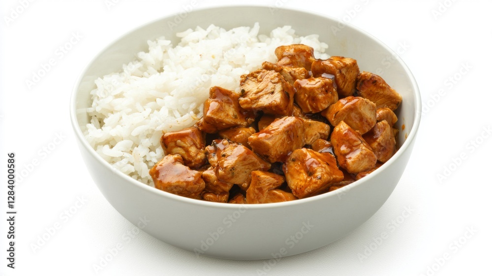 Steamed rice and teriyaki chicken cubes, isolated in a plain white setting. --chaos 20 --ar 16:9 --quality 2 --v 6.1 Job ID: 5cdb317a-07ac-4fbb-8c63-5b517fe44a90 Steamed rice and teriyaki chicken cubes, isolated in a plain white setting. --chaos 20 --ar 16:9 --quality 2 --v 6.1 Job ID: 5cdb317a-07ac-4fbb-8c63-5b517fe44a90