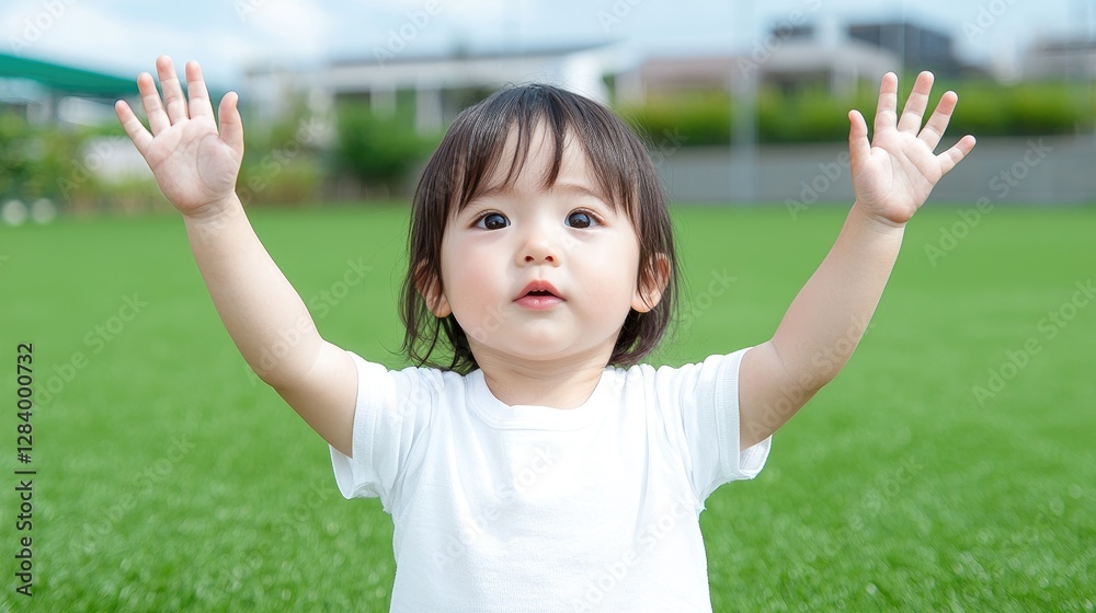 Toddler girl playing outdoors, arms raised, sunny day, green grass background, child development Toddler girl playing outdoors, arms raised, sunny day, green grass background, child development