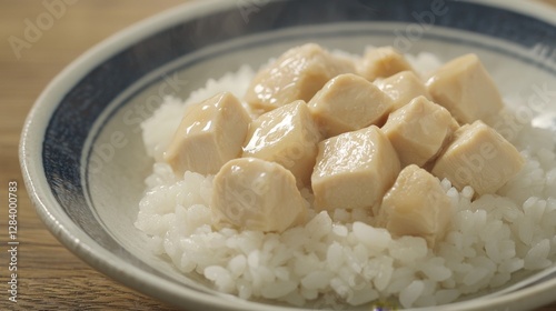 Steamed rice topped with chicken cubes, elegantly presented with no background distractions. --chaos 20 --ar 16:9 --quality 2 --v 6.1 Job ID: 0f3b89e3-c701-4242-b192-0546f08ae44f
