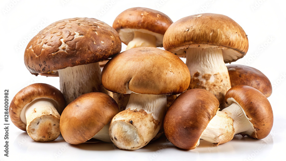 Stout porcini mushrooms with white background, Sunlight emphasizes their meaty caps. Alpine meadow backdrop. Stout porcini mushrooms with white background, Sunlight emphasizes their meaty caps. Alpine meadow backdrop.