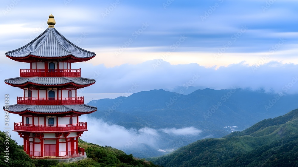 Fototapeta premium Serene Red Pagoda Amidst Majestic Mountain Landscape at Dusk