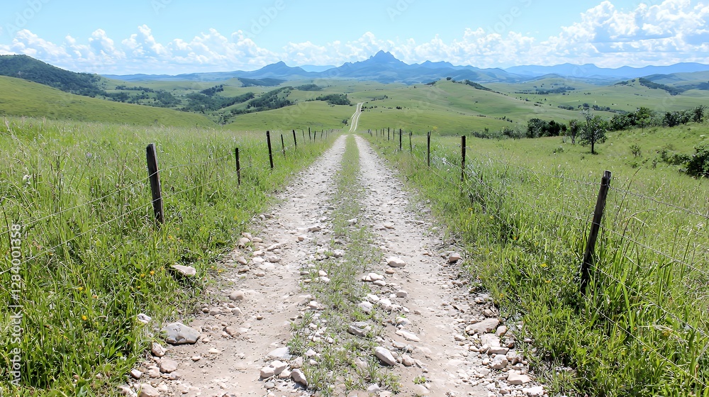 Obraz premium Long dirt road stretches through rolling green hills towards distant mountains under a bright blue sky.