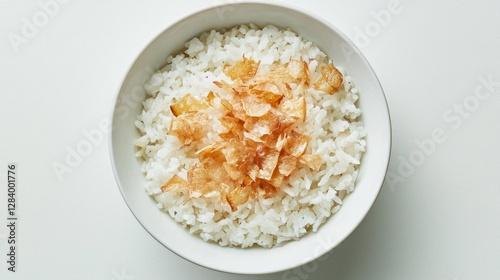Steamed rice with crispy chicken skin pieces, displayed cleanly against a plain backdrop. --chaos 20 --ar 16:9 --quality 2 --v 6.1 Job ID: a2ceb264-41f6-415a-af80-2480edb9f009
