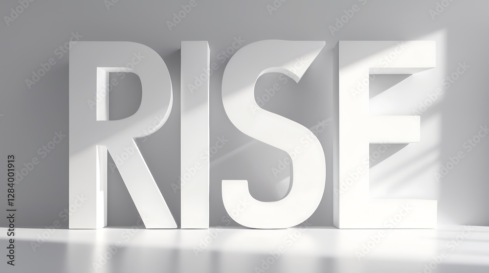 Large white letters spell rise against a simple background in a well-lit setting Large white letters spell rise against a simple background in a well-lit setting