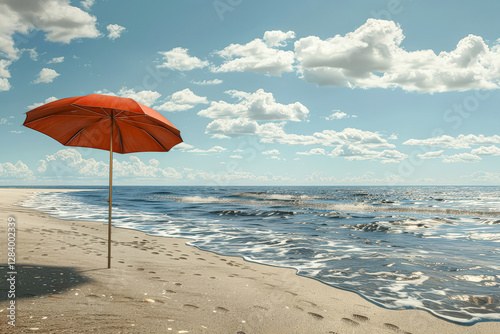 Beach chair is set up under a red and white striped umbrella. photo