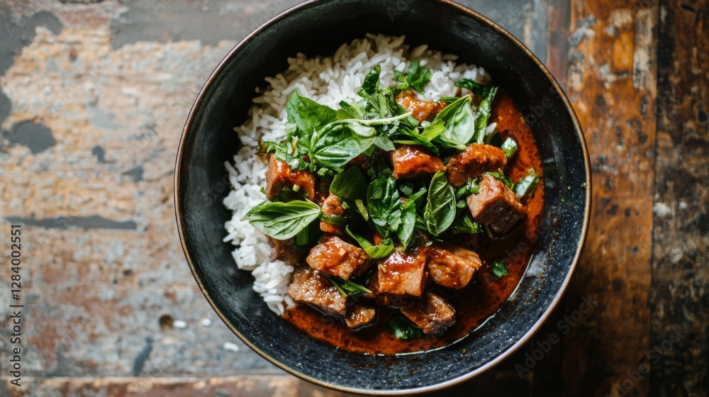 Thai-style red barbecue pork served on warm white rice with a deep red sauce and fresh green garnishes. --chaos 20 --ar 16:9 --quality 2 --v 6.1 Job ID: 59896a76-38cb-4294-a399-6433c246ee93 Thai-style red barbecue pork served on warm white rice with a deep red sauce and fresh green garnishes. --chaos 20 --ar 16:9 --quality 2 --v 6.1 Job ID: 59896a76-38cb-4294-a399-6433c246ee93