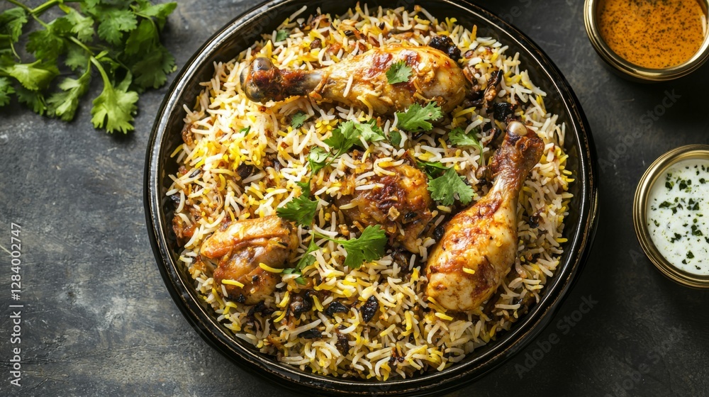 Top view of Chicken Biryani with each grain of basmati rice distinctly visible, garnished with fresh coriander. --chaos 20 --ar 16:9 --quality 2 --v 6.1 Job ID: 0da14c0a-7cc2-44d4-8513-b675d39fadb8 Top view of Chicken Biryani with each grain of basmati rice distinctly visible, garnished with fresh coriander. --chaos 20 --ar 16:9 --quality 2 --v 6.1 Job ID: 0da14c0a-7cc2-44d4-8513-b675d39fadb8