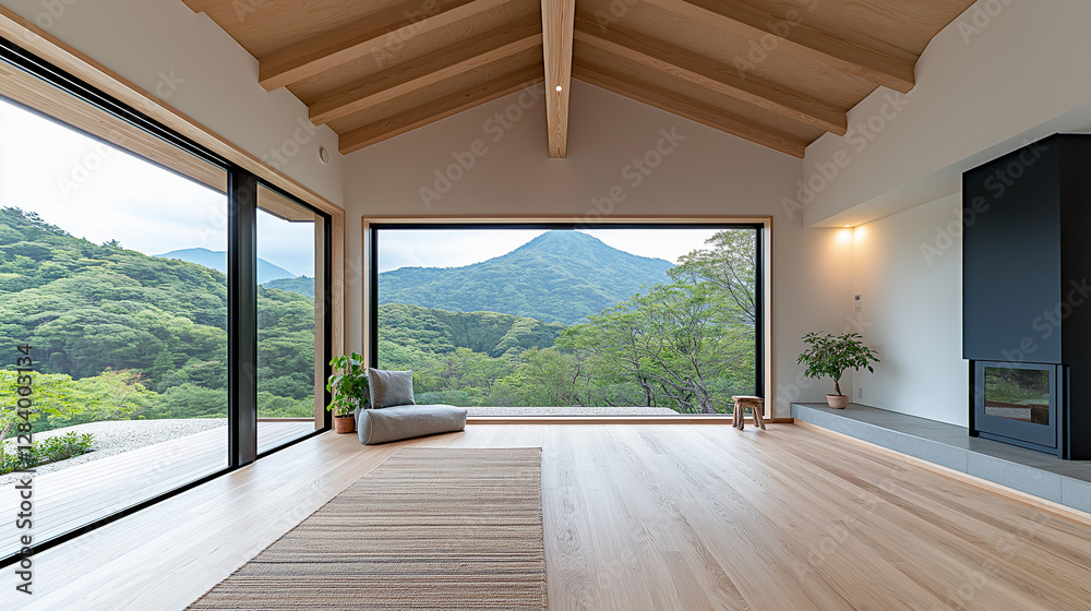 Fototapeta premium Modern Retreat with a Mountain View: A sunlit interior showcases a modern design, featuring large windows framing a breathtaking vista of rolling green mountains, offering a serene escape.