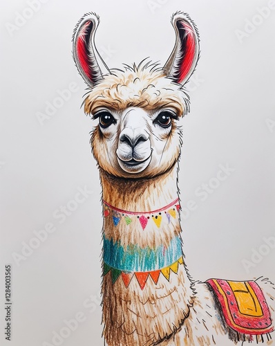 llama child like drawing on a white background crayon art whimsical youthful hand drawn cartoon
