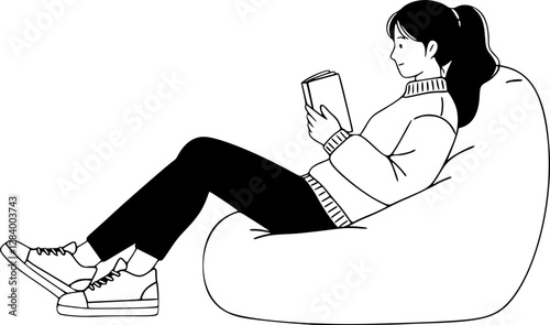 vector girl reading book on bean bag chair .Generative AI

