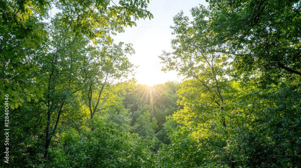 Fototapeta premium Sunlight through forest canopy, nature's embrace, peaceful scene
