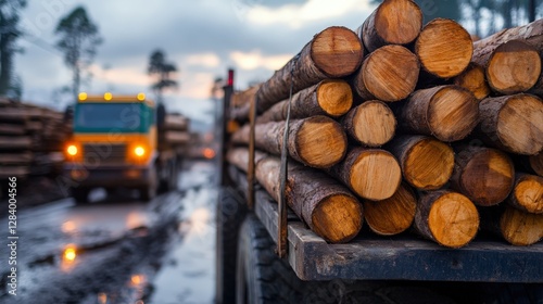 A detailed view of stacked logs on a truck in a misty forest, showcasing the connection between logging and nature. The scene highlights industry and natural resources in harmony. photo