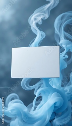 White business card mockup centered against swirling blue smoke on dark background, creating a modern, dynamic look, ideal for branding and contact information.