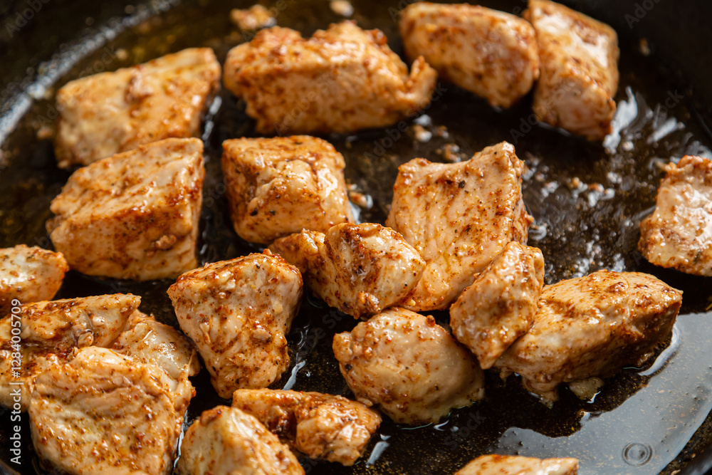 Chicken fillet pieces are fried in a frying pan in sauce and spices Chicken fillet pieces are fried in a frying pan in sauce and spices