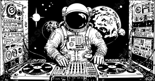 vector astronaut at dj console black lines on white background .Generative AI
