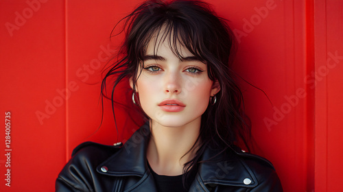 Confident woman wearing a black leather jacket, striking a chic pose under soft window light, with a blurred red background, creating an elegant fashion-forward headshot