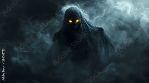 Dark ghostly figure with glowing eyes emerging from smoke or mist, perfect for halloween or horror themes. Flickering Phantoms in the Mist. Illustration