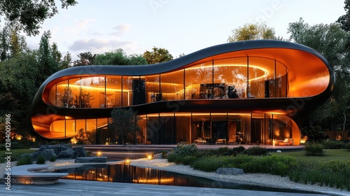 Modern curved house at twilight, garden, and pond photo