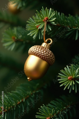 Golden acorn ornament nestled among evergreen branches, acorn, decoration, tree