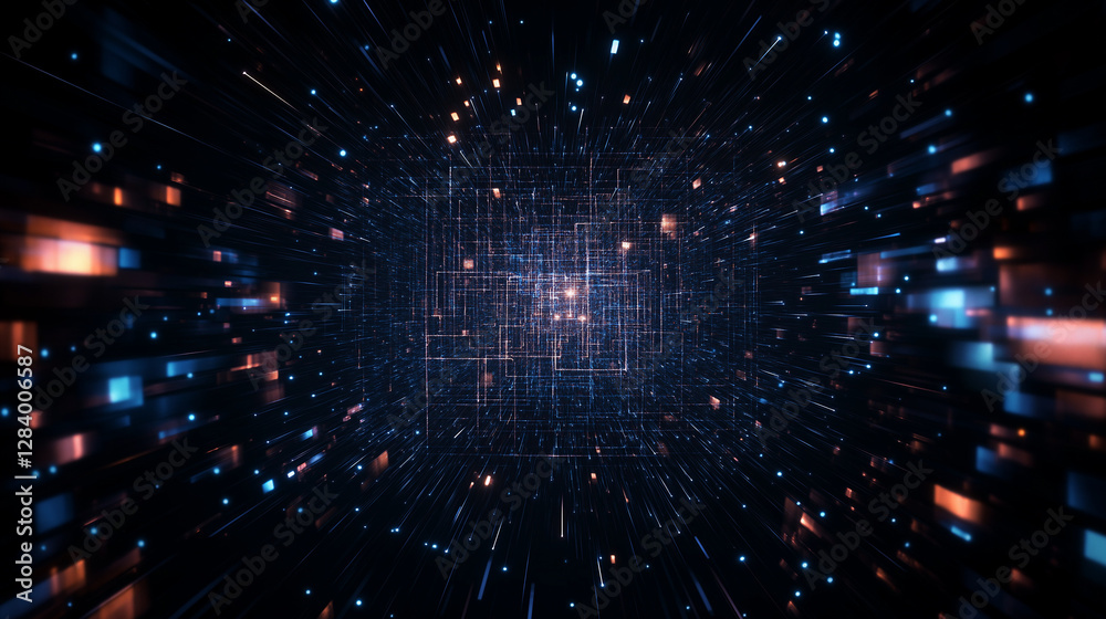 Naklejka premium Data Stream: A dynamic digital realm comes to life, pulsating with the vibrant energy of interconnected data, symbolized by a captivating array of glowing particles and interconnected lines.