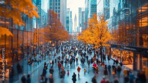 Amidst towering glass buildings, shoppers immerse themselves in the lively atmosphere of a busy urban district adorned with golden autumn foliage. Laughter and conversation fill the air