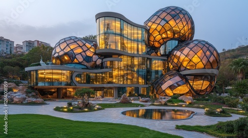 Fototapeta Naklejka Na Ścianę i Meble -  Modern glass spherical house at twilight, landscaped grounds, city view