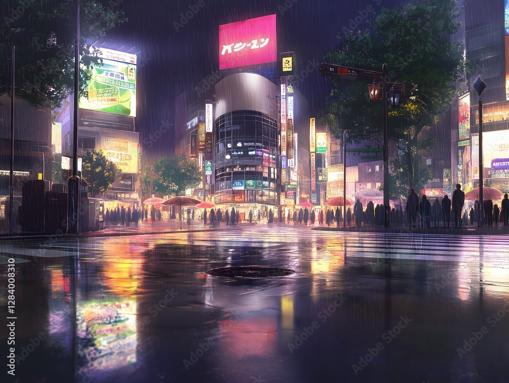 Fototapeta premium Shibuya Nights: Captivating the electric energy of Shibuya at night, showcasing vibrant lights reflecting off wet streets, and an ambiance of urban excitement.