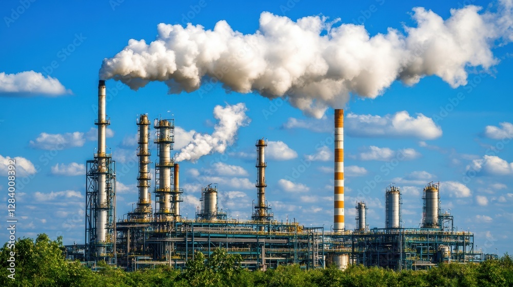 Industrial smokestacks emitting controlled steam emissions from a petrochemical complex Industrial smokestacks emitting controlled steam emissions from a petrochemical complex
