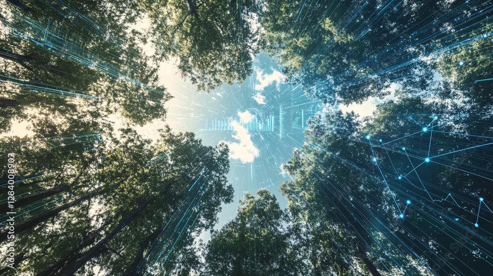 Fototapeta premium A futuristic forest canopy with glowing blue digital network lines connecting treetops symbolizing the fusion of nature and technology 
