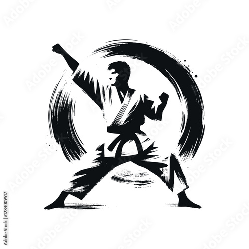 Man practicing karate, minimalistic hand-drawn black and white illustration