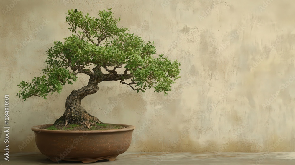 Serene Bonsai Tree in Terracotta Pot Against Beige Wall Serene Bonsai Tree in Terracotta Pot Against Beige Wall
