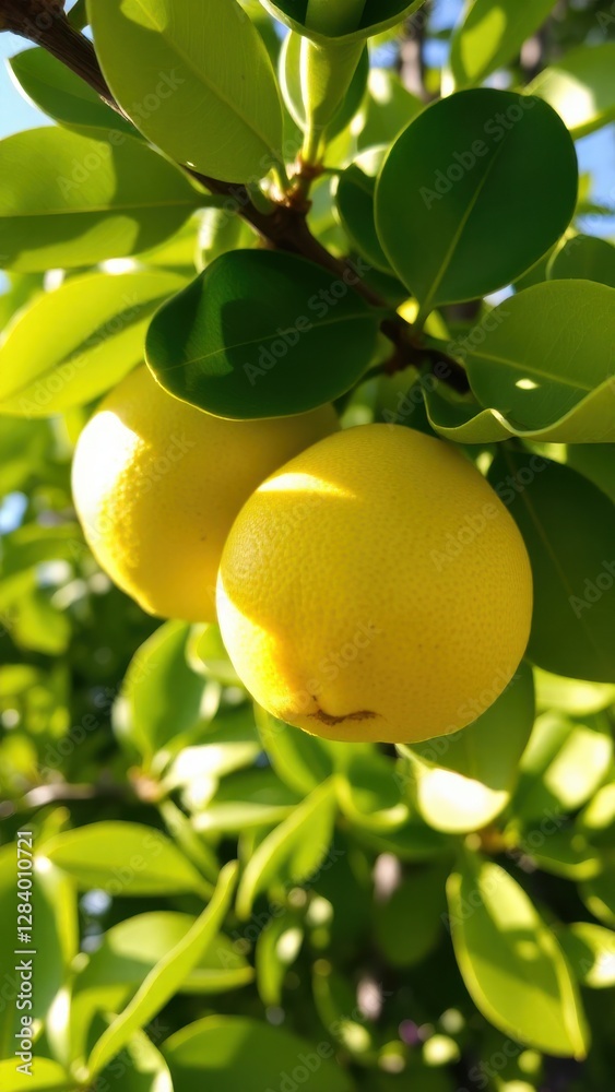 a close-up image of two unripe citrus fruits on a tree branch, surrounded by vibrant green foliage and bathed in soft sunlight a close-up image of two unripe citrus fruits on a tree branch, surrounded by vibrant green foliage and bathed in soft sunlight