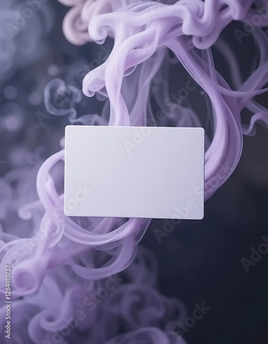 A white business card mockup is floating amidst swirling purple smoke, creating a mystical and ethereal background, perfect for customizable branding or contact information.