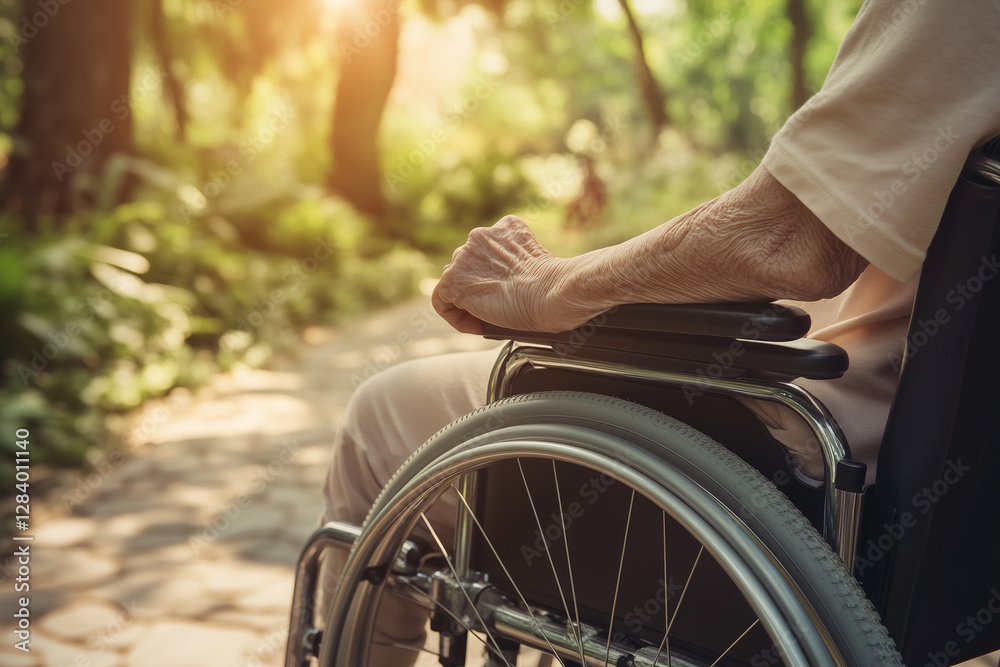 Obraz premium Close up of a man in a wheelchair enjoying the outdoor sun. He is sitting in the wheelchair and his left arm is visible. Blurred background with outdoor scenery.