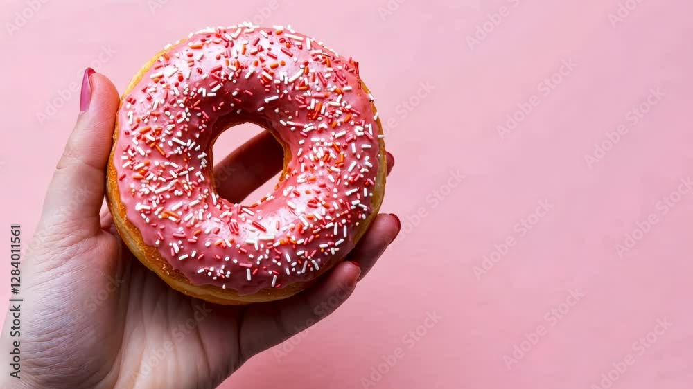 Woman Holding a Pink Donut on a Pink background with Space for Copy