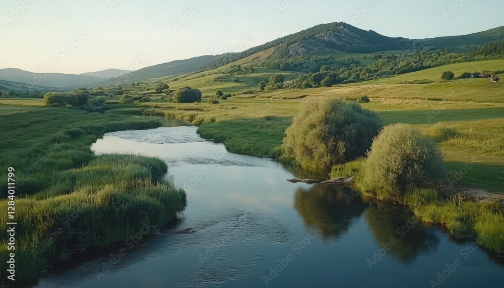 Serene River Landscape with Lush Greenery and Rolling Hills Serene River Landscape with Lush Greenery and Rolling Hills