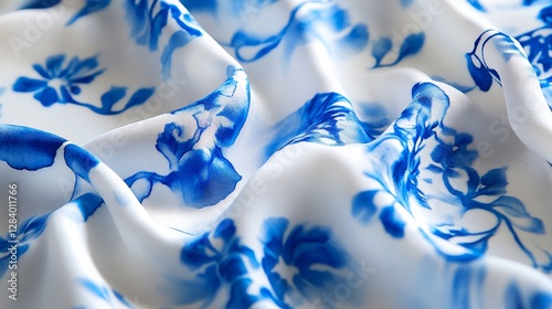 Beautiful tie-dye pattern in blue on white silk. Fabrics painted by hand in a style called nodular batik. Using a special dyeing technique called Shibori.  photo