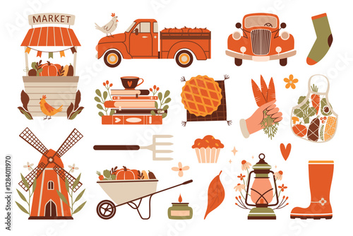 Collection of autumn clip arts with vintage car, pickup truck, harvest, windmill, hen, boots, crop, books. Cute cozy vector illustrations with autumn plants, pie, hand holding bunch of carrots. 