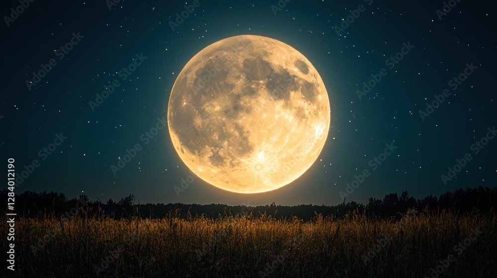 Fototapeta premium Majestic Full Moon Over Golden Field Under a Starlit Night Sky