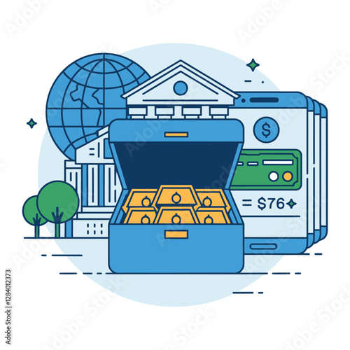 vector colorful economy trading graph cash money linked with curved dash line over the world bank 
