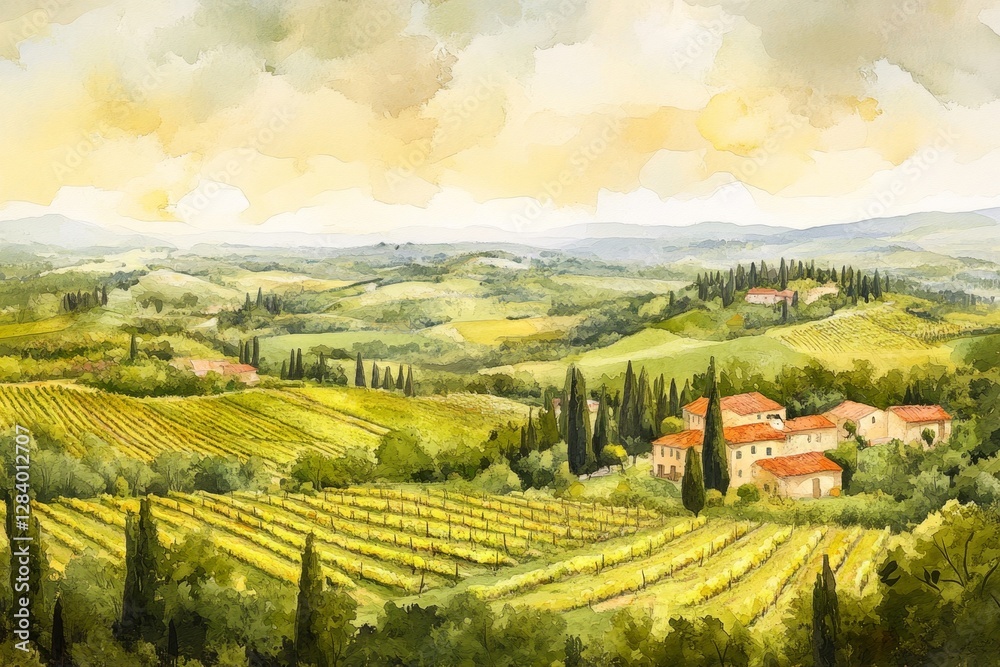 Fototapeta premium Tuscan Vineyard Scene with Rolling Hills and Houses Watercolor Landscape Painting