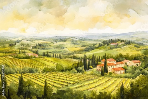 Tuscan Vineyard Scene with Rolling Hills and Houses Watercolor Landscape Painting