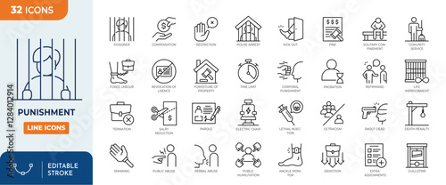 Punishment line editable icon set. Editable stroke. Vector illustration